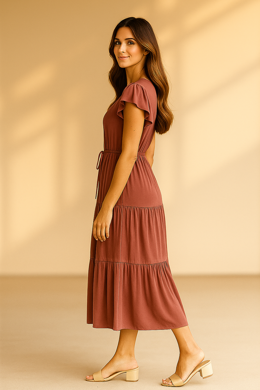 Sukienka midi z warstwową spódnicą i paskiem w kolorze terakoty 1